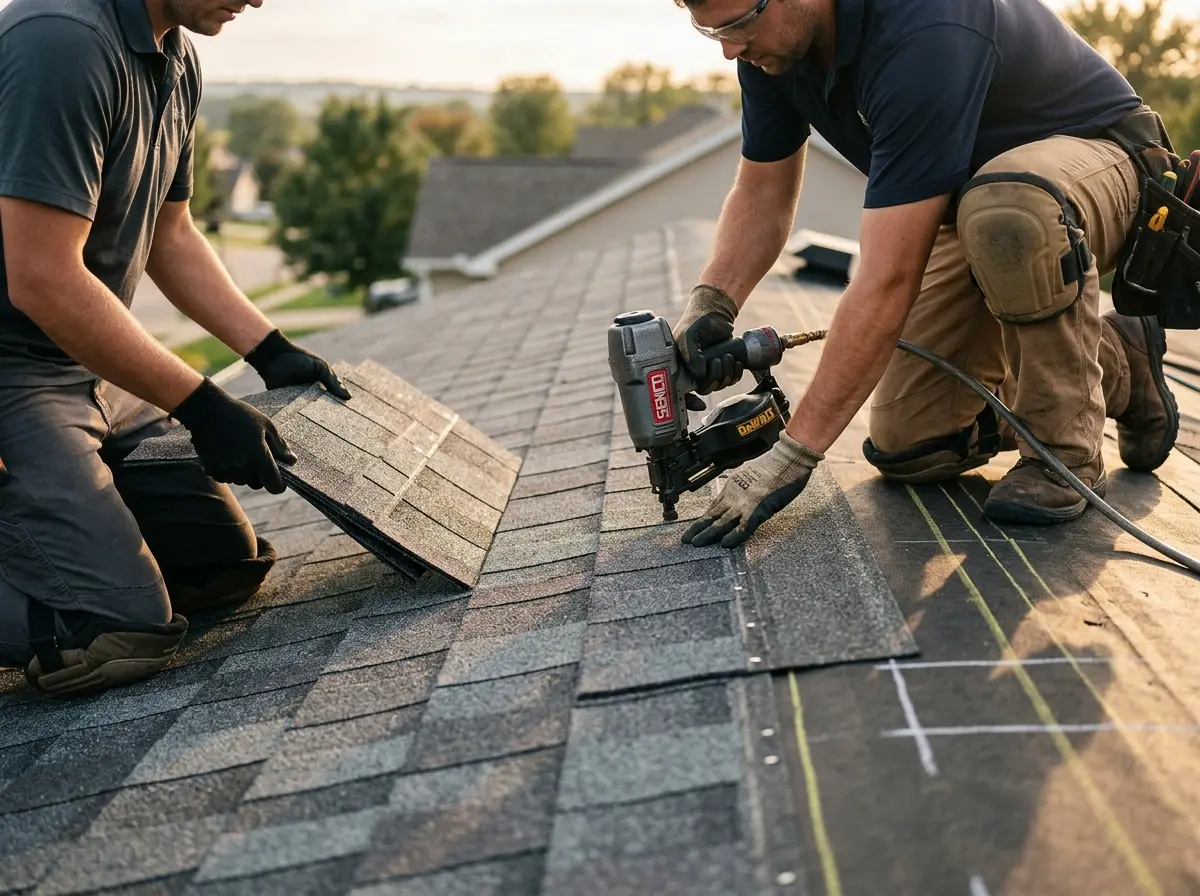 Professional roofer working on a residential roof in Fairburn